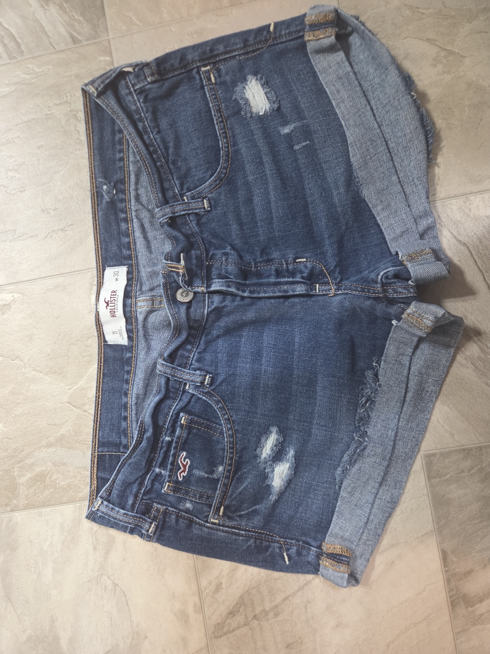 Hollister Dark Wash Distressed Denim Shorts - Blue